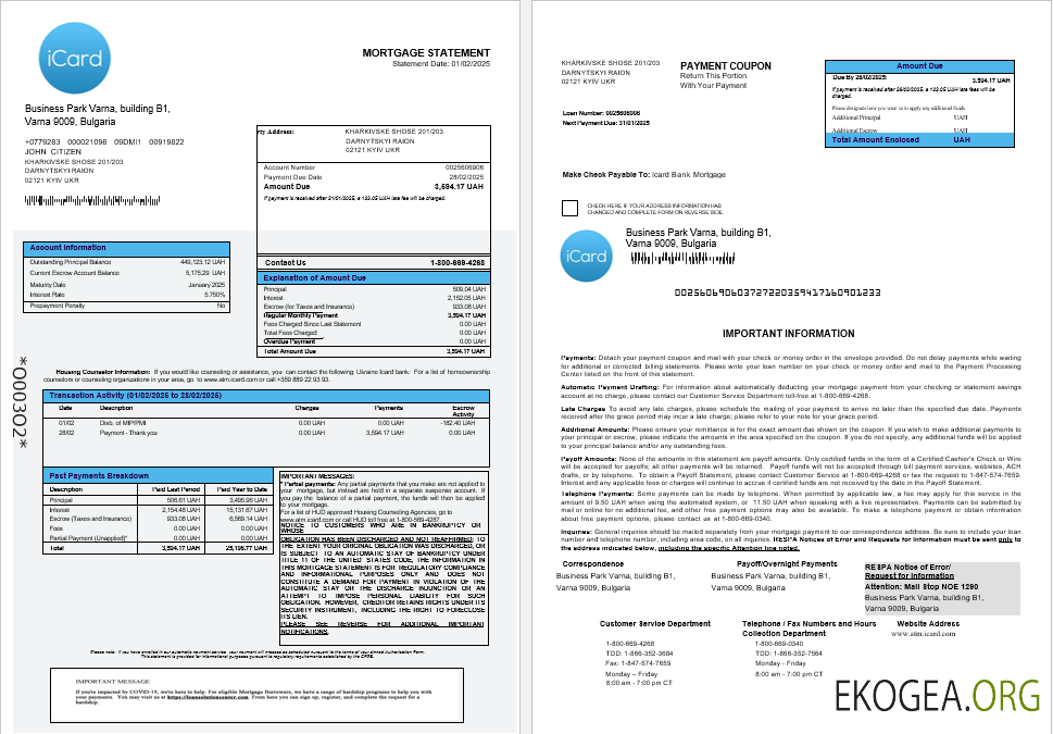 Relevé d'hypothèque bancaire Icard d'Ukraine aux formats Word et PDF 1 , 2